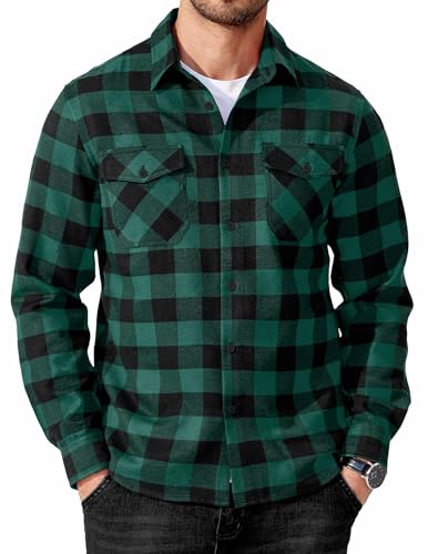 COOFANDY Men's Cotton Flannel Shirts Long Sleeve Button Down Casual Wear for Hiking Camping Green