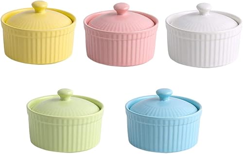 DOITOOL 1 juego de moldes de cerámica de 4 onzas con tapas, tazones para soufflé, platos de porcelana para horno, apto para lavavajillas, para