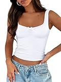 Trendy Queen Summer Tops for Women Going Out Teen Girls Cute Crop Tank Top Y2K Basic Bow Clothes Square Neck 2025 Camisole White S