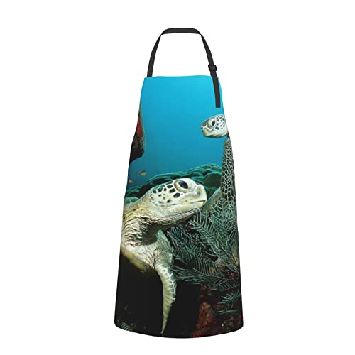 Tablier tortue de mer noir imperméable à 2 poches avec attache réglable taille unique