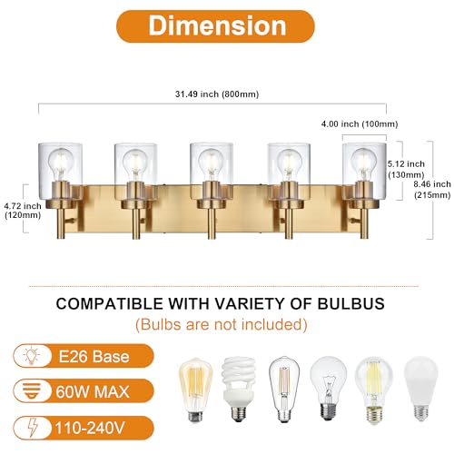 Image of 5-Light Bathroom Light Fixtures, Brushed Brass Indoor Vanity Light Over Mirror with Milky White Frosted Glass Shades Modern Wall Lighting for Hallway Makeup Table