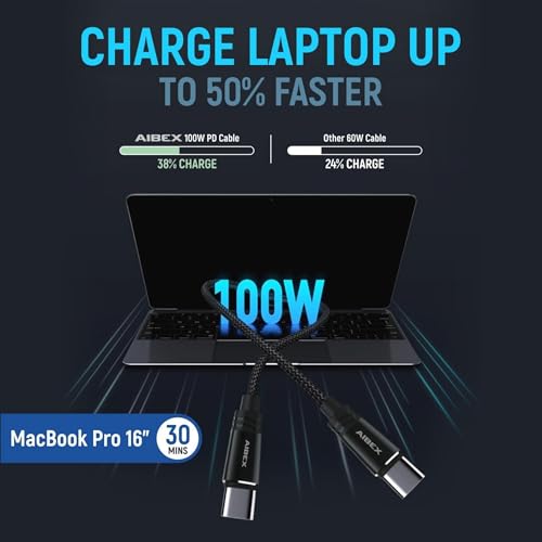 Image of AIBEX 100W USB C to USB C Cable 1M, Type C Fast Charging Cable Compatible with iPhone 17 /17 Plus /17 Pro /17 Pro Max,16 Series, Galaxy S25 Ultra,S24 /S23 /S22, Car Play, MacBook, i Pad, Pixel (M90, Black)