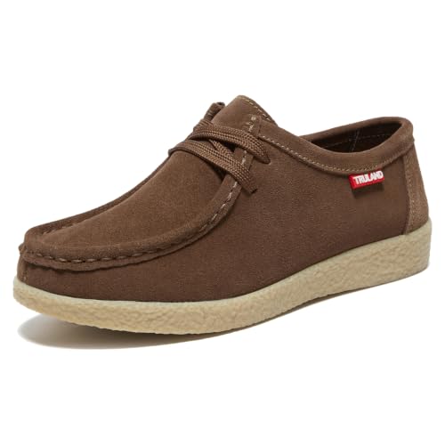 Image of TRULAND Leather Oxford Shoes for Women - Suede Lace Up Moc Toe Low Platform Flat Wallabees Shoes
