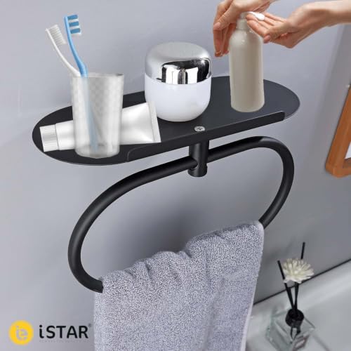 Image of Bathroom Towel Ring with Shelf, 304 Stainless Steel Towel Holder for Bathroom Wall Mount, Self Adhesive or Drill Installation, Rustproof Hand Towel Ring (Black)