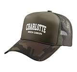Charlotte North Carolina NC Vintage Trucker Hat with Adjustable Mesh Back, Camo Green