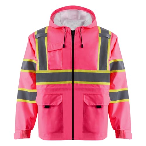 High Visibility Safety Jacket ANSI/ISEA Standard Reflective Jacket Pocket and Zipper, Pink, Large