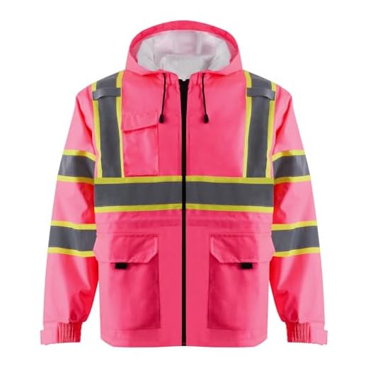 ZUJA High Visibility Bomber Safety Jacket ANSI Class 3 Reflective Jacket Pocket and Zipper Reflective Hoodie Windproof Hi Vis Rain Jacket for Men & Women (Pink, S)