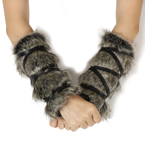 Viking Faux Fur Arm Warp Band Medieval Bracers Renaissance Fur Cuff Hand Warmer Costume Accessories(One Size,Grey)