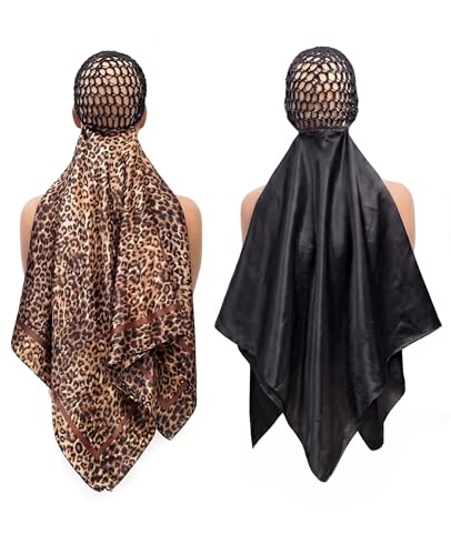 PASDUCHAS 2-In-1 Wrap Cap Hair Net and Scarf, 2 Packs Silk Press Wrap Black & Leopard Print Bonnet for Hair Care, Shower Cap, Neck Scarf and Fashionable Shawl