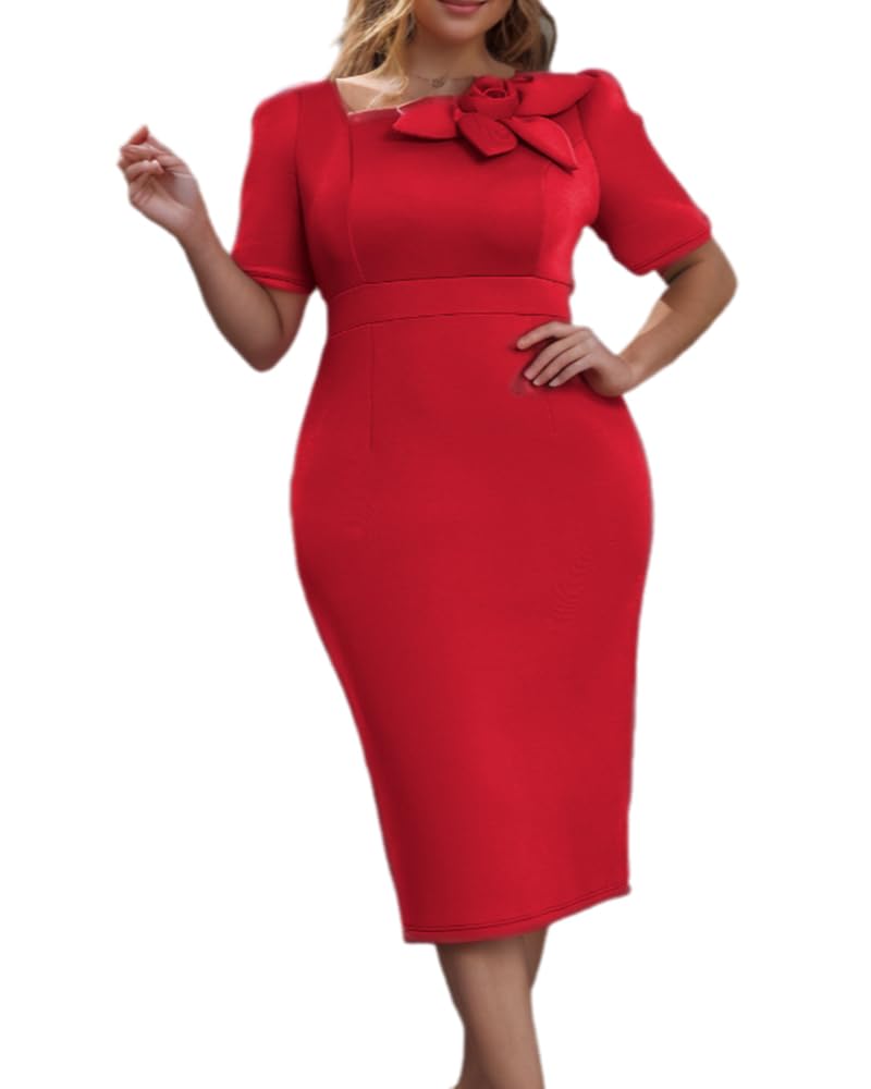ONTINVA Church Dresses for Women Short Sleeve Bodycon Rose Ruffle Vintage Wear to Work Pencil Midi Dress Party