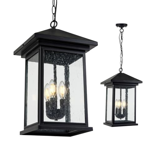 Jetima Classic Outdoor Hanging Lantern – Weather-Resistant, Stylish, Matte Black Finish, Clear Seeded Glass and Functional, Extra Large Size