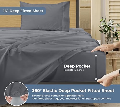 Image of ROYALE LINENS 100% Organic Cotton Twin XL Sheet Set - Percale Weave - 3 Pieces Set - 1 Flat, 1 Deep Pocket Fitted Sheet and 1 Pillowcases - Grey Bed Sheets - Sabanas Twin XL - Crisp Cool (Grey)