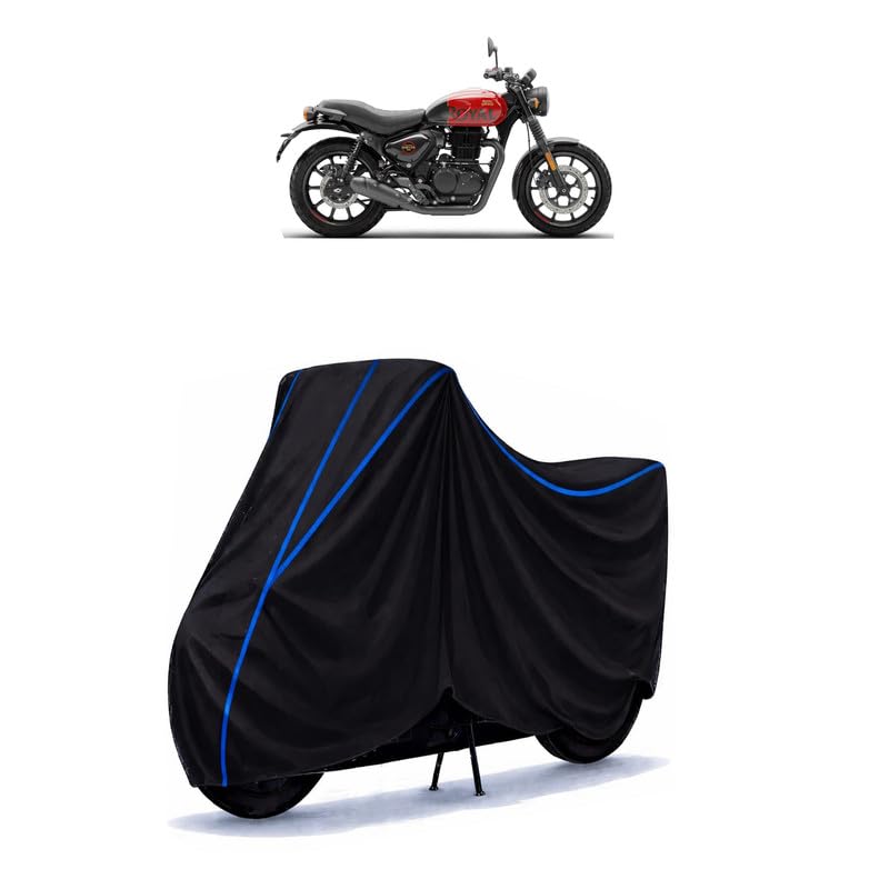 Image of Hunter 350 Metro Bike Cover Water Resistant Universal Motorcycle Rain | Heavy Duty UV Protection, Dust, Scratch Indoor Outdoor All Weather with Black Blue Piping Elastic