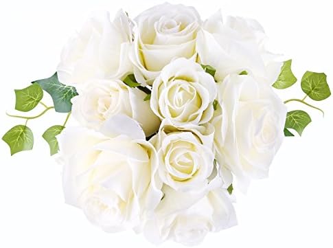 ADolinGo Artificial Flowers Simulation Rose Fake Silk Flowers 12 Heads Bouquet Wedding Decor (White)