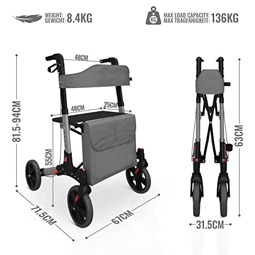 Jago® Rollator - 6-voudig in hoogte verstelbaar, zitting met rugleuning, 3-voudig opvouwbaar, licht, 4 wielen, remmen, boodschappentas, stokhouder, kleurkeuze - loophulp, loopwagen, lichtgewicht - Afbeelding 4