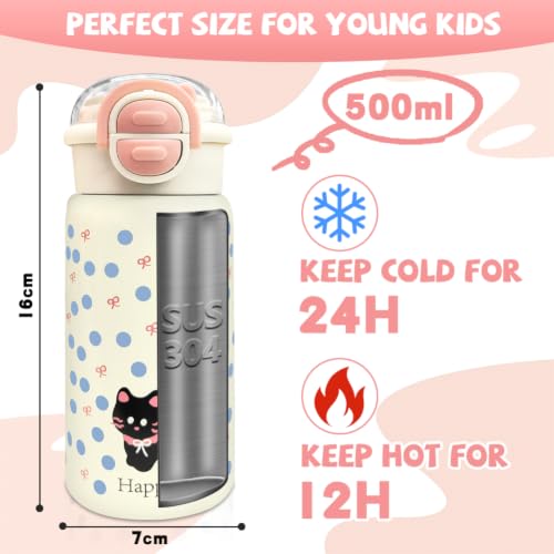 AMFUN Kinder Edelstahl Isolierte Wasserflasche, 500ML Trinkflasche Kinder mit Strohhalm, Kinderflasche Auslaufsicher… – Ansicht 2