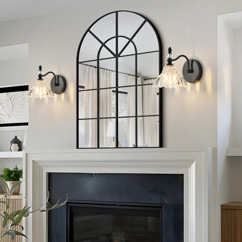 Image of Vintage Wall Sconces, Black Bathroom Sconces Set of 2, Indoor Hardwired Wall Lighting Modern Crystal Bedside Wall Lamp with Floral Glass Shade for Mirror Living Room Hallway