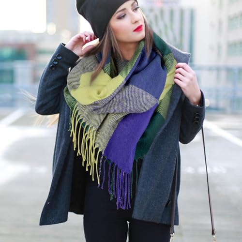 Loritta Womens Scarf Fashion Long Plaid Shawls Wraps Big Grid Winter Warm Lattice Large Scarves Gifts,Blue Green Lattice