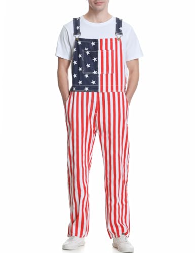 Bindefon Men's American Flag Overalls Sleeveless 4th Of July Coveralls Bibs with Zipper Usa Overalls Adjustable Strap(red white blue,L)