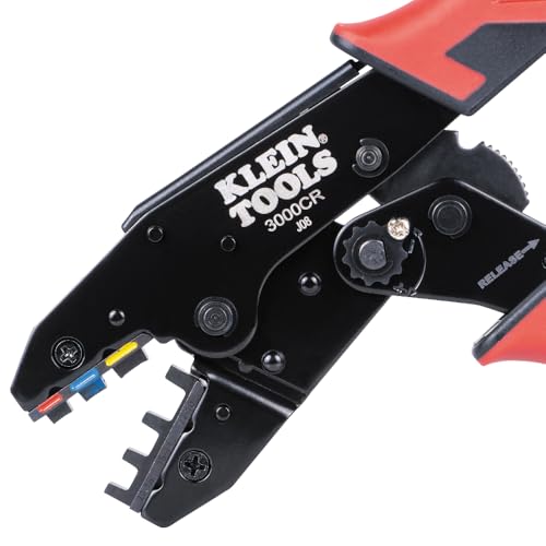 Image of Klein Tools 3007CR Crimping Tool For Heat Shrink Connectors, Ratcheting Terminal Crimper, 10 to 22 AWG Stranded Copper Wire, Full-Cycle, 3-Cavity