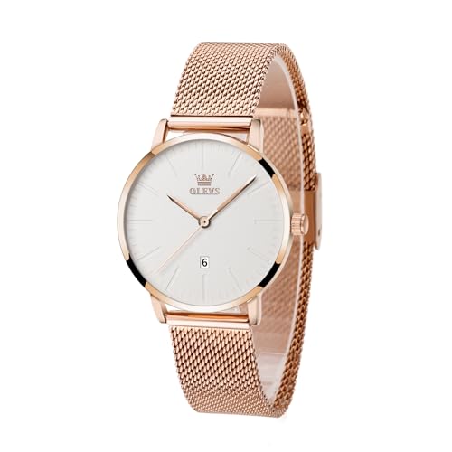 OLEVS Roségold Armbanduhr Damen Edelstahl Schicke Analog Kleid Damenuhr Groß Weiß Zifferblatt Quarz Wasserdicht Damenarmbanduhr mit Datumsanzeige Ultradünne Uhr Damen Mesh Band Geschenke