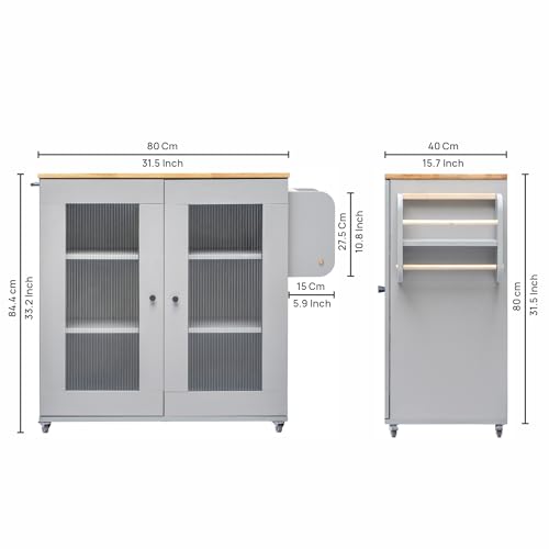 Image of Rocco Walky Kitchen Island Storage Cabinet with Wheels, Solid Rubber Wood Top, Fluted Acrylic Doors, Built-in Power Sockets & LED Lights, Soft-Close Hinges & Side Organizer (Grey, Medium Size)