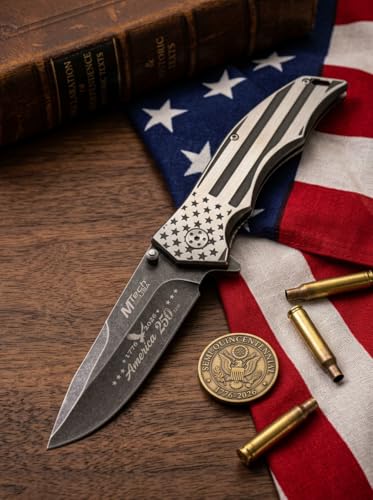 MTECH USA 250th Anniversary America Folding Pocket Knife – Stainless Steel Blade with Etched Art – Anodized US Flag Aluminum Handle – Pocket Clip Included (Stone Wash Flag)