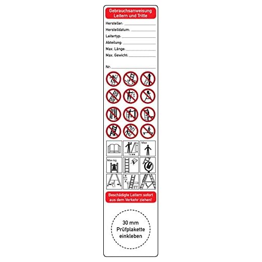 Gebrauchsanweisung für Leitern und Tritte Grundplakette 10 Stück 35 mm x 160 mm Betriebsanleitung Leiterprüfung