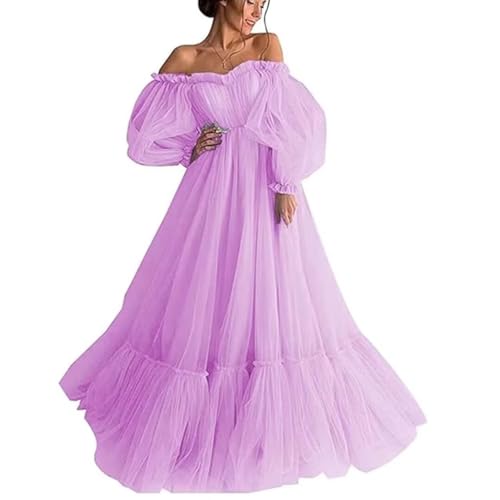 Tulle Off Shoulder Court Train Prom Dress Long Sweetheart Puff Sleeves Wedding Gown with Lace Up TPPD002