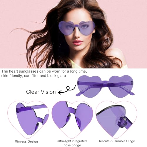 NACHLYNN 24 Pairs Purple Heart Sunglasses for Women Rimless Heart Shaped Sunglasses Candy Glasses for Party Favors3