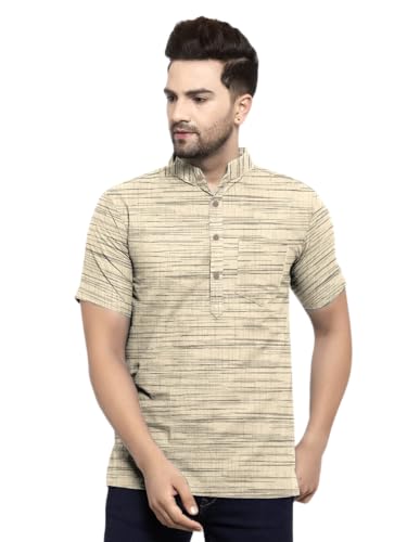 Image of Men's Regular Fit Self-Design Solid Mandarin Collar Half Sleeve Casual Line Pure Cotton Blend Fancy Shirt (Multi-Color)