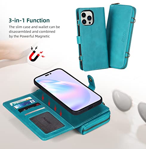 Misscase Compatible With Iphone 13 Pro Max Wallet Case 2021,Multi-Function Wallet Case,2 In 1 Detachable Magnetic Wallet Case With Card Holder,Pu Leather Flip Cover With Lanyard,13 Card Slots Blue #TOP2