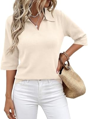 HswsEJ Sweater Polo Women 3/4 Sleeve Collared Cute Fall Sweaters
