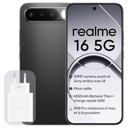 Smartphone realme 16 5G, 8GB+256GB, Écran AMOLED 120Hz 6,57", Batterie 6500mAh, Caméra 50MP Sony IMX852, Protection IP69K, Recharge Rapide 45W, Double SIM, Next IA, Noir