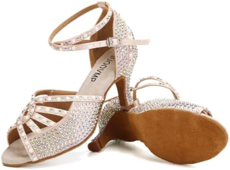 JUODVMP Women's Latin Dance Shoes Rhinestones Satin Ballroom Dance Shoes Salsa Professional Dance Shoes,Model 430,3 inch Heel,Nude,6.5 US — view 6