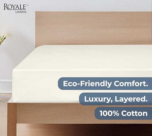 Image of Royale Linens 100% Organic Cotton Fitted Sheet - Percale Weave - Super Soft Deep Pocket Bottom Sheets - Ivory Elastic Sheet Queen Size - Queen Fitted Sheets Only - (60 inchx80 inch+15 inch, Ivory)