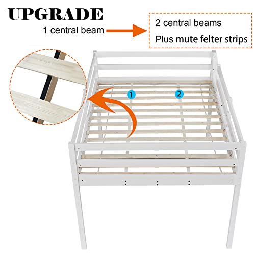 Bonnlo Low Loft Bed Full Size With Inclined Stairs, Junior Loft Bed With High Guard Rail For Kids/Young Teens/Adults, Solid Wood Low Bunk Bed Full Size White, 2 Center Beams, No Box Spring Required #TOP3