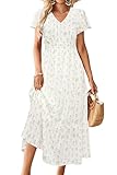 VOTEPRETTY Women's 2025 Summer Boho Floral Maxi Dresses Flutter Short Sleeve V Neck Casual Beach Wedding Guest Vacation Long Dress(White Green Rose Floral, S)