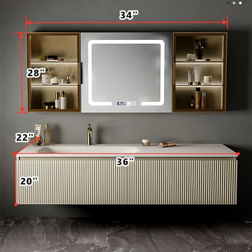 ZGNBSD Bathroom Vanity - Stylish Bathroom Vanity with Sink Include Smart LED Defog Mirror ? Large Capacity Cabinet, Floating Solid Wood Bathroom Sink Cabinet (36'')