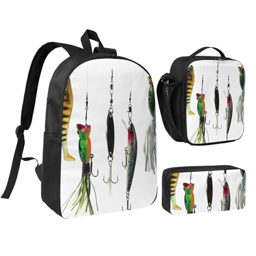 Sac à dos imprimé motifs appâts de pêche 3 pièces avec boîte à déjeuner noire