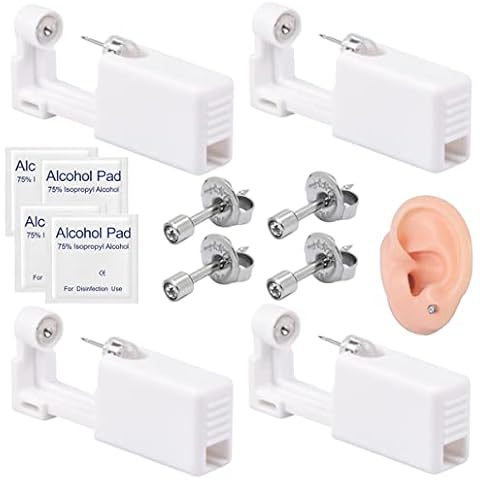Suskriyocic 4 Pack Disposable Ear Piercing Gun with Ear Studs Painless Self Ear Piercing Gun Sterile Piercing Tool Kit for Girls Boys Women Men 3 mm Silver Cover