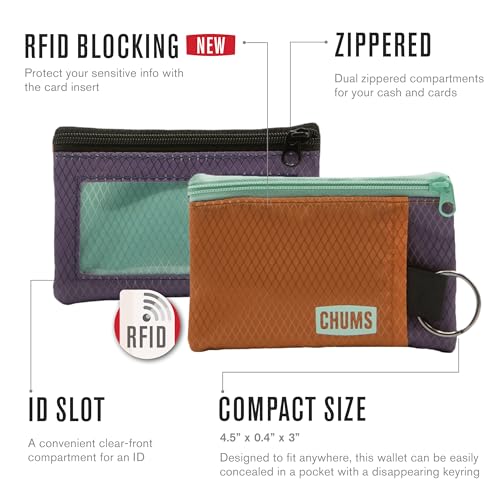 Chums Surfshorts Wallet - Lightweight Slim Wallet with RFID Blocking Card - Zippered, Minimalist Wallet w/Key Ring (Aqua Flauge Green Dorado)