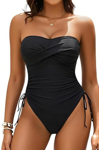Yonique Tummy Control One Piece Swimsuit - Strapless Bandeau Bathing Suits for Women 2025 Cheeky...