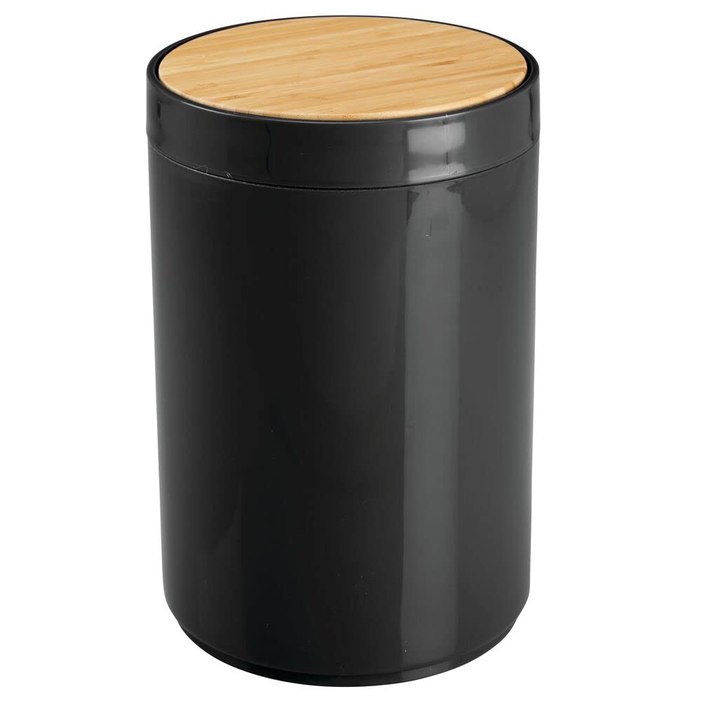 mDesign Swing Lid Bathroom Bin Bamboo and Plastic Rubbish Bin for