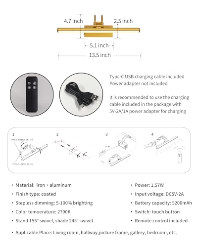 Image of KDG LED Wireless Wall Picture Light with Remote, 5200mAh Rechargeable Dimmable Art Lighting, Adjustable Swing Arm, Picture Frame Light for Gallery, Living Room, Hallway, 13.5 inch, Gold