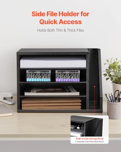 VEVOR Briefablage mit 4 Fächern & Herausnehmbaren Regalböden, Dokumentenablage aus Holz mit Stehsammler, Aktenhalter für Büro Klassenzimmer, Literaturorganizer für Akten Dokumenten Papier, Schwarz