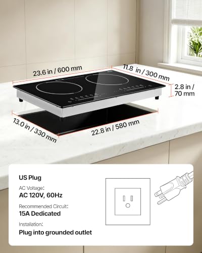 Image of VEVOR Electric Cooktop 24inch 2 Burners Portable Stove Top 1800W 120V, Ceramic Countertop /Built-in Radiant Electric Stove, with 9 Power Levels, Timer, Child Lock, Over-Heat Guard, Touch Control