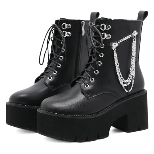 Image of Parisuit Womens Goth Patent Ankle Boots Platform Chunky Combat Boots | Lace Up, Gothic Boots, High Heel, Punk Short Booties, Buckle Boots, Chain Boots