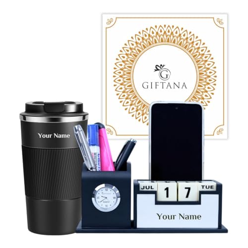 Image of Giftana Personalized Coffee Tumbler 510ml, Desk Organizer Gift Set for Men and Women, 2 in 1 Personalized Gifting Items, New Year Corporate Gift for Employee, Customized Employee Welcome Kit (Black)