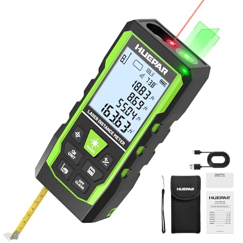 Image of Laser Measure Device 3-in-1, Huepar 330ft Laser Measurement Tool & 33ft Cross Laser Level & 6.5ft Tape Measure, Rechargeable, Voice Broadcast, Multi-Mode, Rugged for Construction & Home Use, SW-T100
